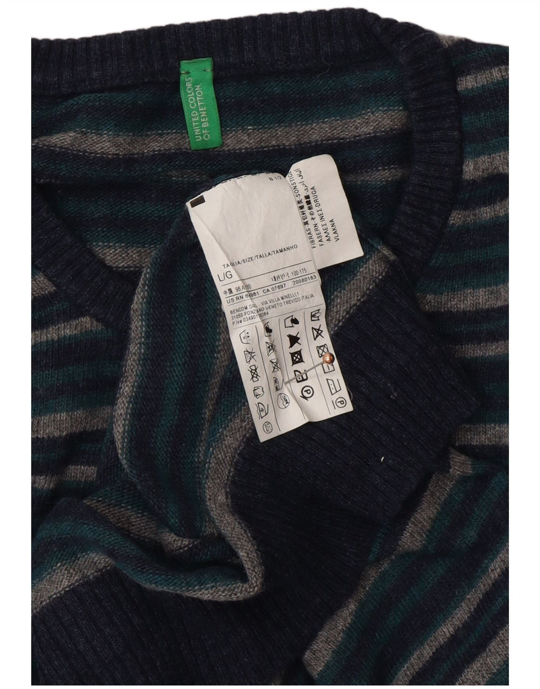 Мужской джемпер с круглым вырезом BENETTON, большой темно-синий шерстяной полосатый свитер