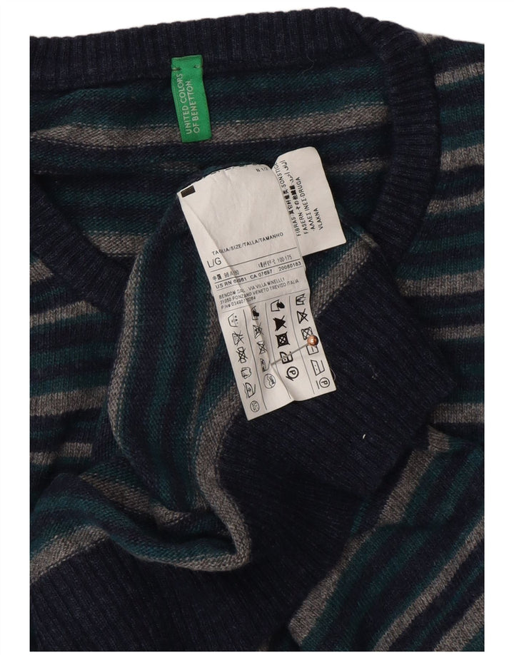 Мужской джемпер с круглым вырезом BENETTON, большой темно-синий шерстяной полосатый свитер