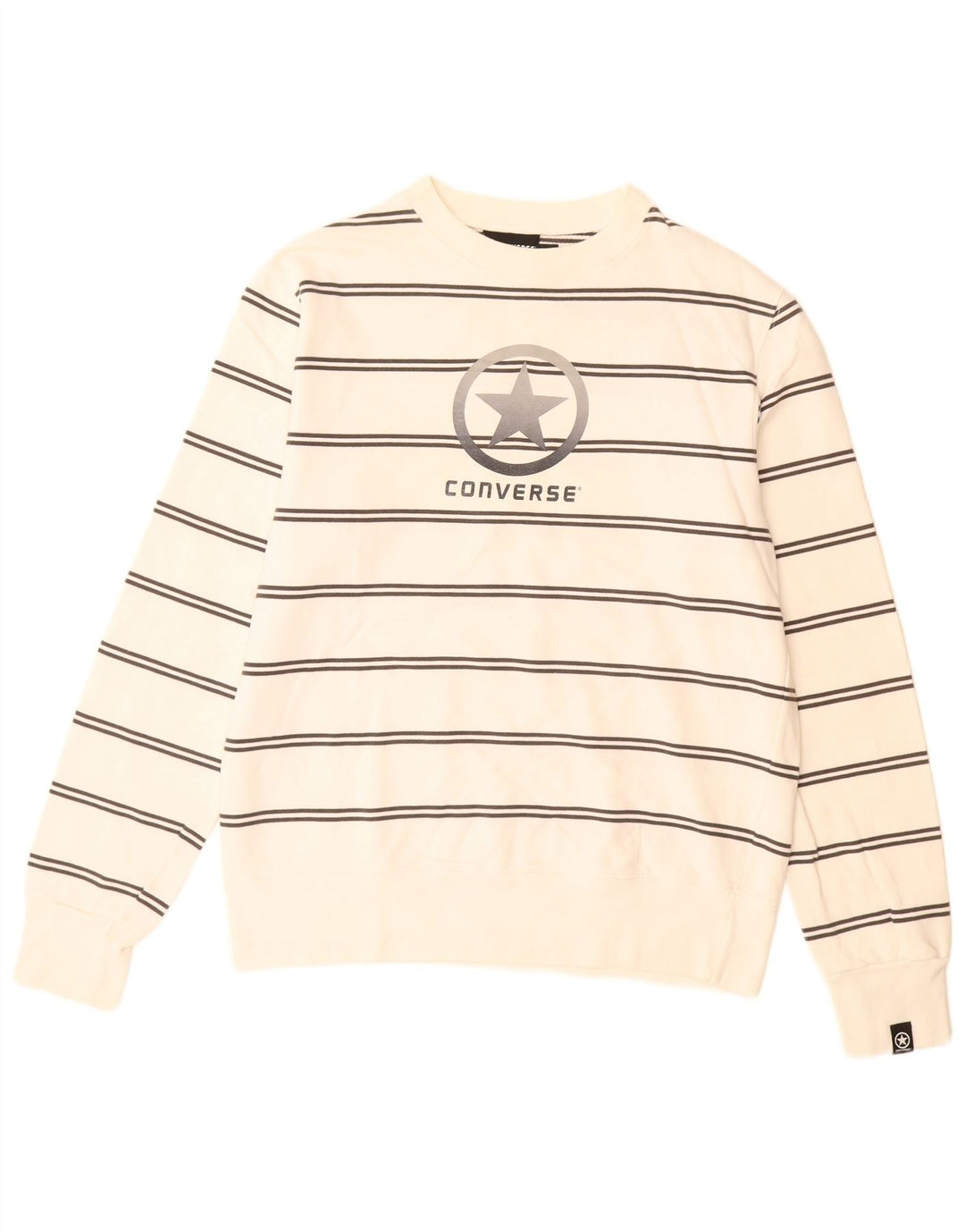 CONVERSE Mens Graphic Sweatshirt Jumper Medium Off White Striped Cotton