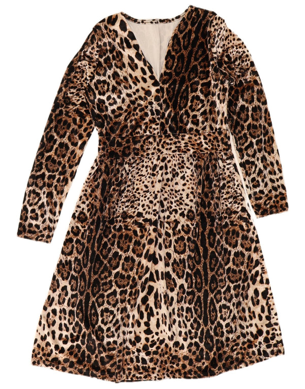 Винтажное женское платье трапециевидного силуэта UK 10, маленький размер, бежевый, полиэстер с животным принтом