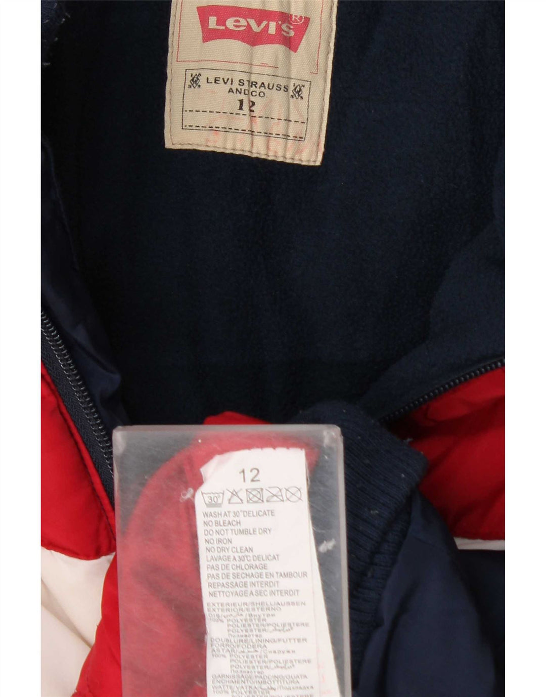 Утепленная куртка с капюшоном Levi's для мальчиков 11-12 лет Темно-синяя с цветными блоками