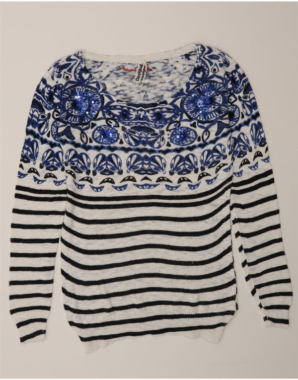 Desigual Womens Graphic Boat Neck Jumper Sweater UK 14 Medium White Striped