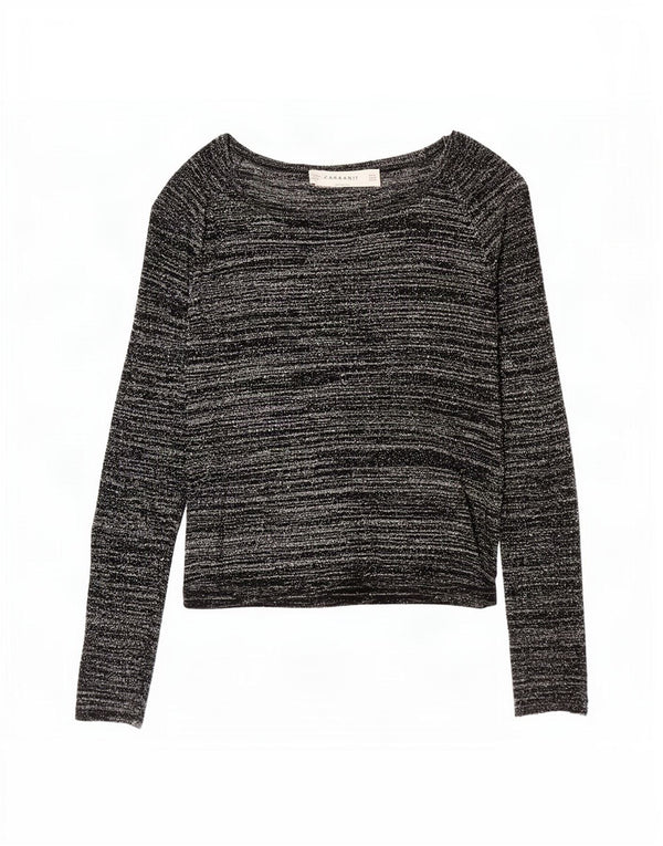 Zara Womens Top Long Sleeve UK 12 Medium Black Striped Acrylic