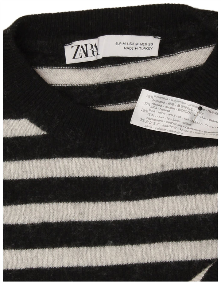 Женский джемпер с круглым вырезом Zara UK 14, средний черный в полоску, полиамид