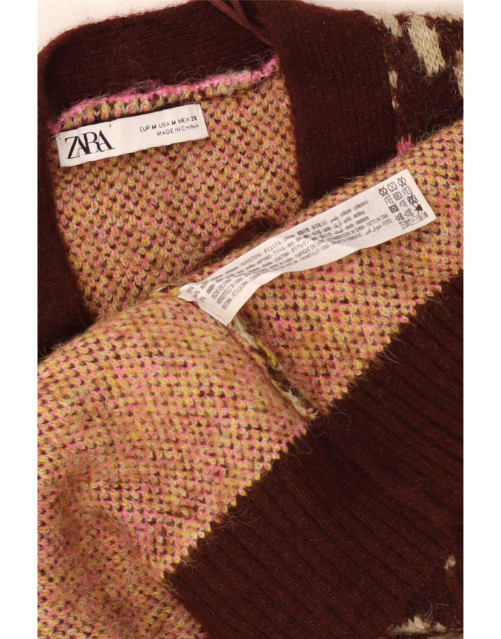 Женский свободный кардиган Zara UK 12, полиэстер среднего коричневого цвета с цветочным принтом