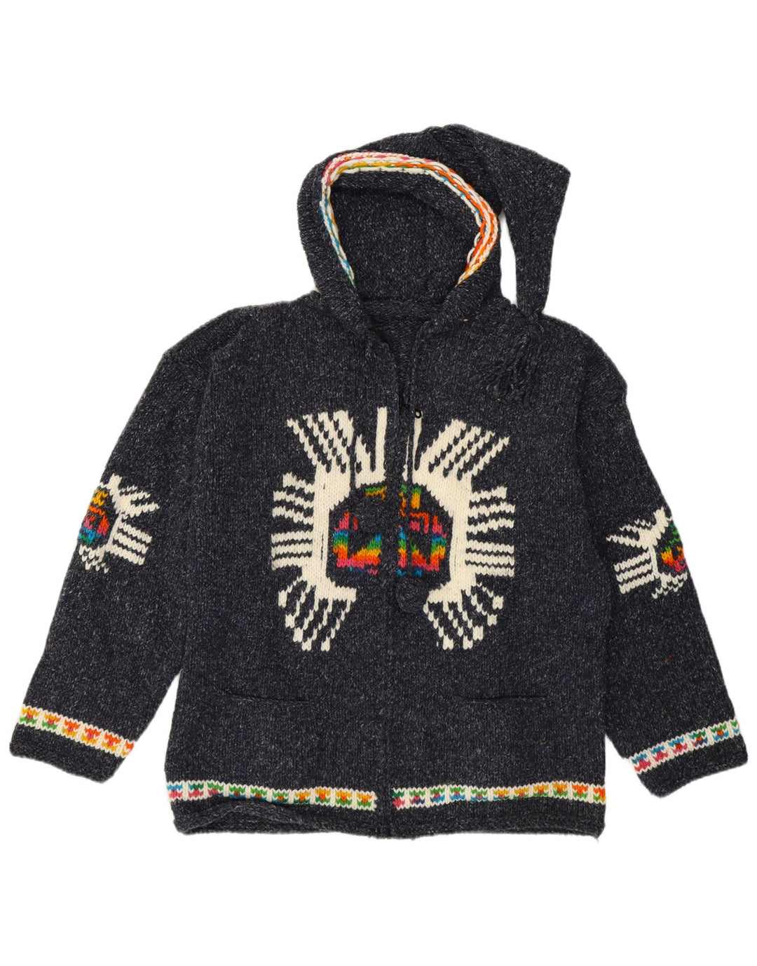 Винтажный женский кардиган с графическим рисунком, Великобритания 14, средний темно-синий этнический цвет