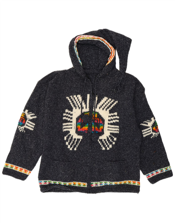 Винтажный женский кардиган с графическим рисунком, Великобритания 14, средний темно-синий этнический цвет