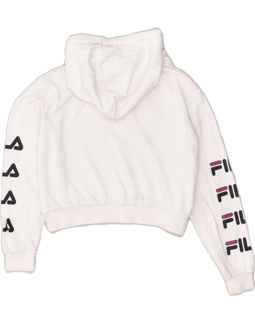 FILA Womens Crop Graphic Hoodie Jumper UK 12 Medium White Cotton | Vintage Fila | Thrift | Second-Hand Fila | Used Clothing | Messina Hembry 
