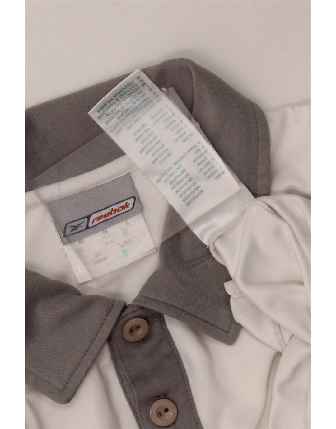 Мужская рубашка-поло REEBOK среднего размера, полиэстер с цветными блоками белого цвета