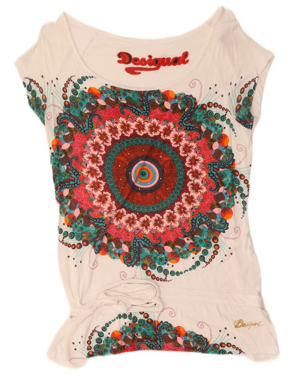 Женская футболка с рисунком Desigual Top UK 14, большая белая с цветочным принтом