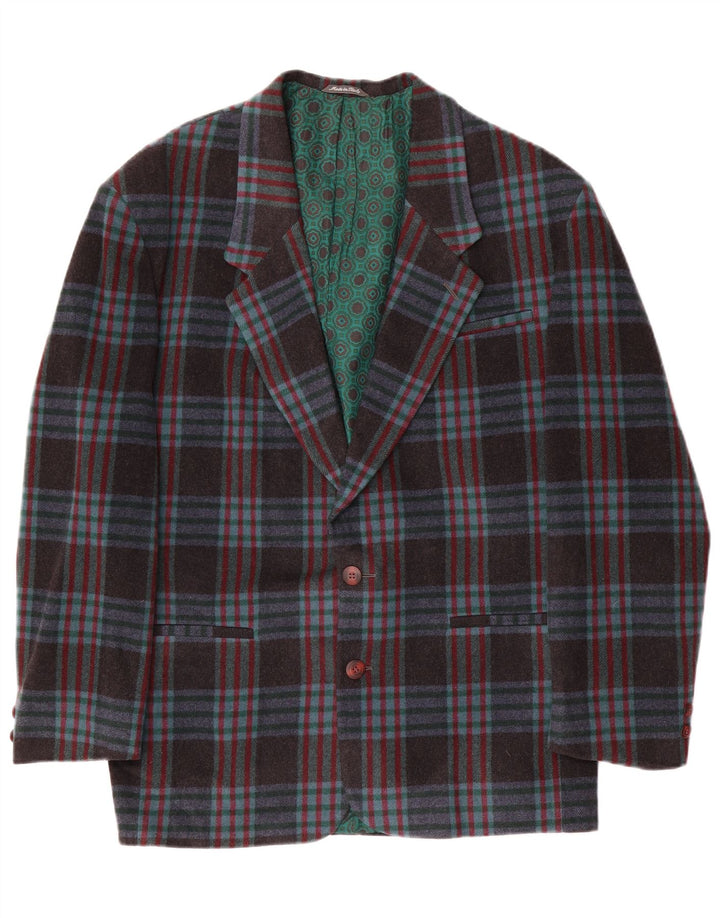 Винтажный мужской пиджак на 2 пуговицах IT 48, средний темно-синий в клетку, шерстяной