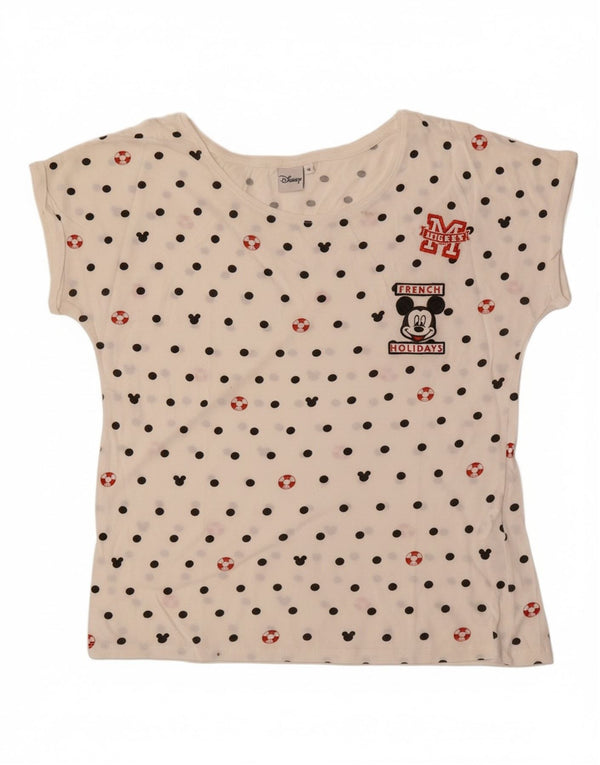 DISNEY Womens Mickey Mouse T-Shirt Top UK 12 Medium White Polka Dot Cotton