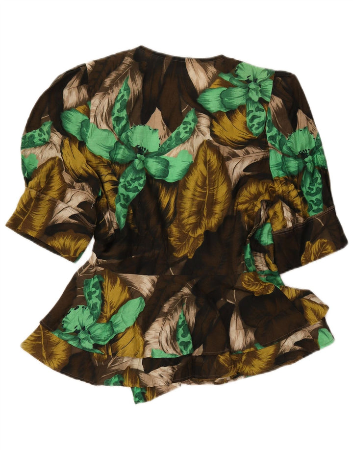 VINTAGE Женская блузка-рубашка с коротким рукавом IT 42 Средний хаки с цветочным принтом