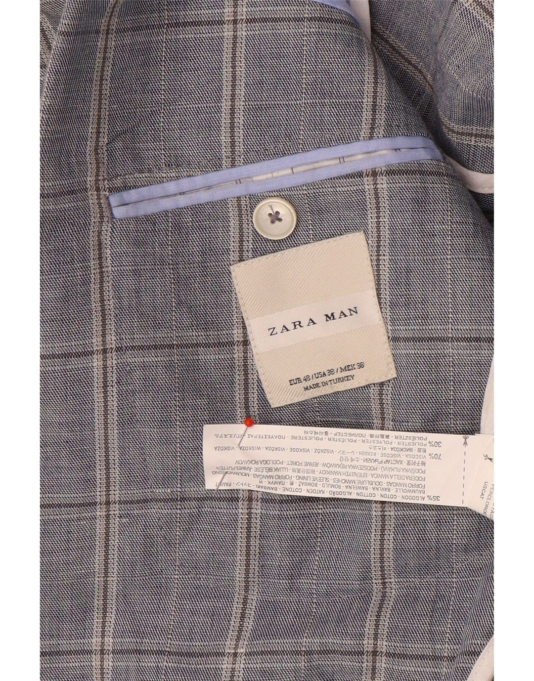 Мужской двубортный пиджак Zara EU 48, средний темно-синий хлопковый пиджак в клетку