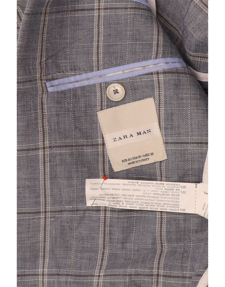 Мужской двубортный пиджак Zara EU 48, средний темно-синий хлопковый пиджак в клетку