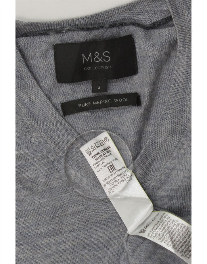 Мужской джемпер с v-образным вырезом Marks & Spencer, маленький синий мериносовой шерсти в крапинку