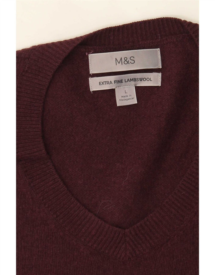 Мужской джемпер с v-образным вырезом Marks & Spencer большой бордовый из овечьей шерсти