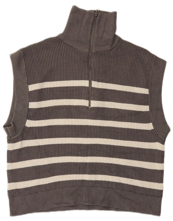 Zara Womens Zip Neck Vest Tank Top UK 14 Medium Grey Striped