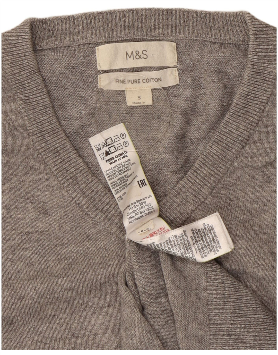 Мужской джемпер с v-образным вырезом Marks & Spencer, маленький серый хлопковый крапчатый свитер