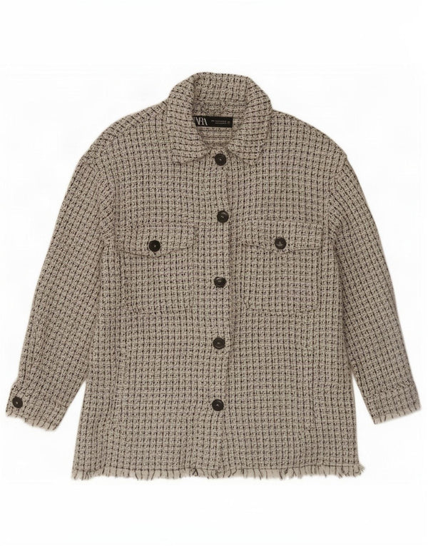 Женская куртка-рубашка Zara UK 14, средний размер, белый хлопок с крапинками
