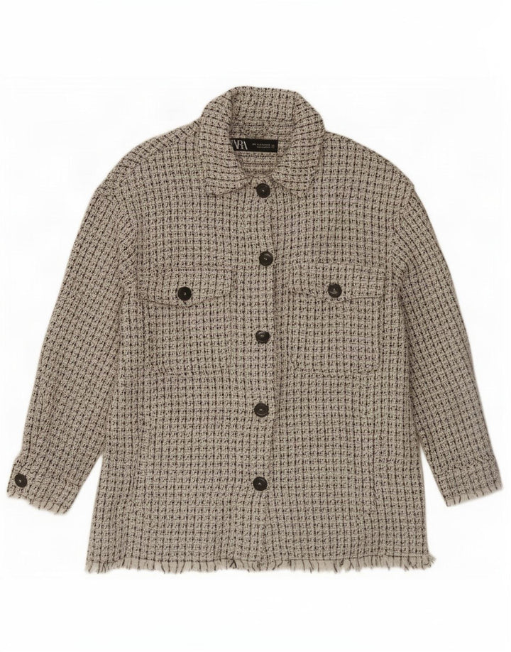 Женская куртка-рубашка Zara UK 14, средний размер, белый хлопок с крапинками