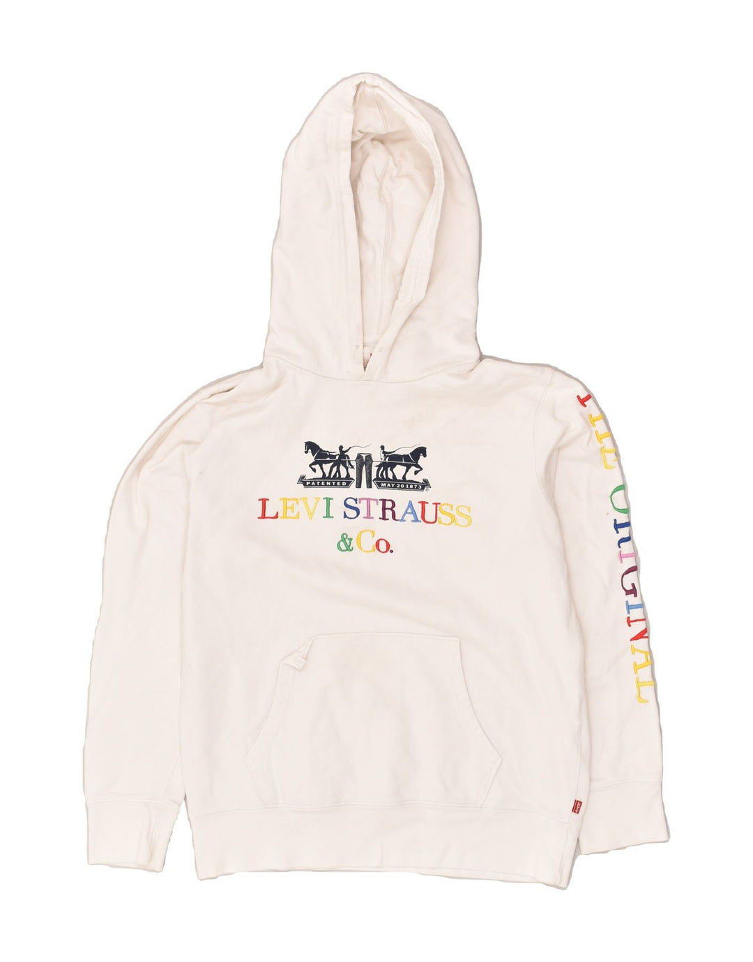 LEVI'S Mens Graphic Hoodie Jumper Small Off White Cotton | Vintage Levi's | Thrift | Second-Hand Levi's | Used Clothing | Messina Hembry 