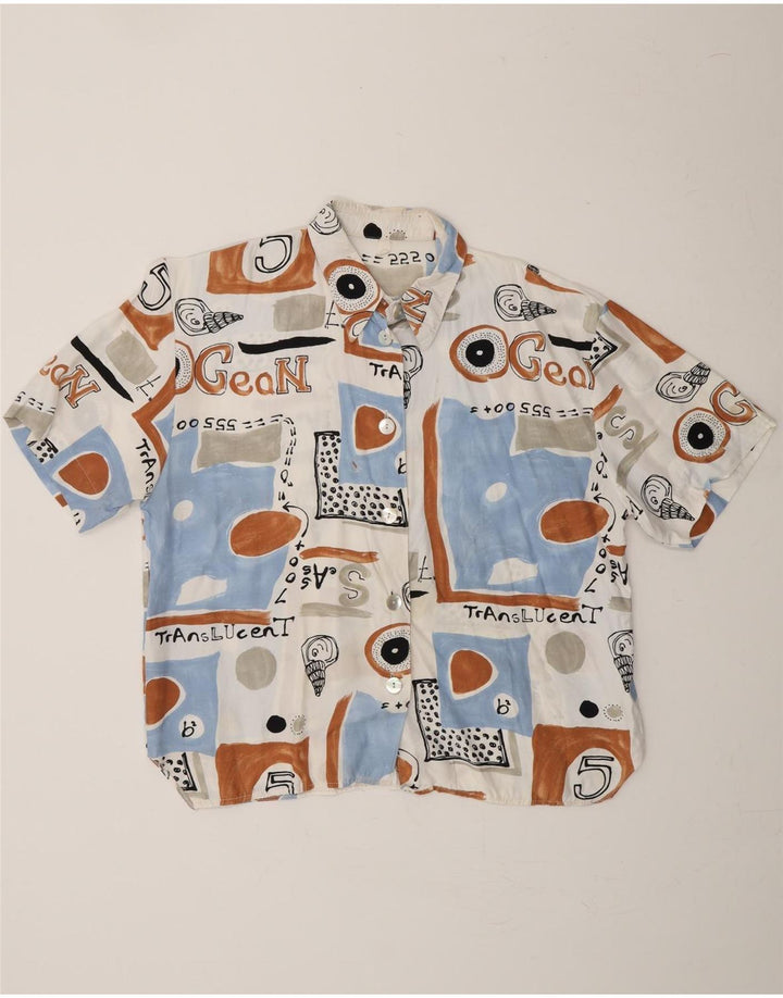 VINTAGE Womens Graphic Short Sleeve Shirt UK 12 Medium White Patchwork Vintage Vintage and Second-Hand Vintage from Messina Hembry 