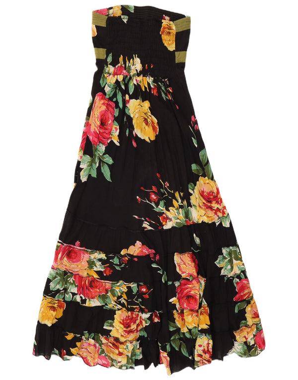 ВИНТАЖНОЕ женское платье макси без бретелек UK 14, средний черный цветочный хлопок