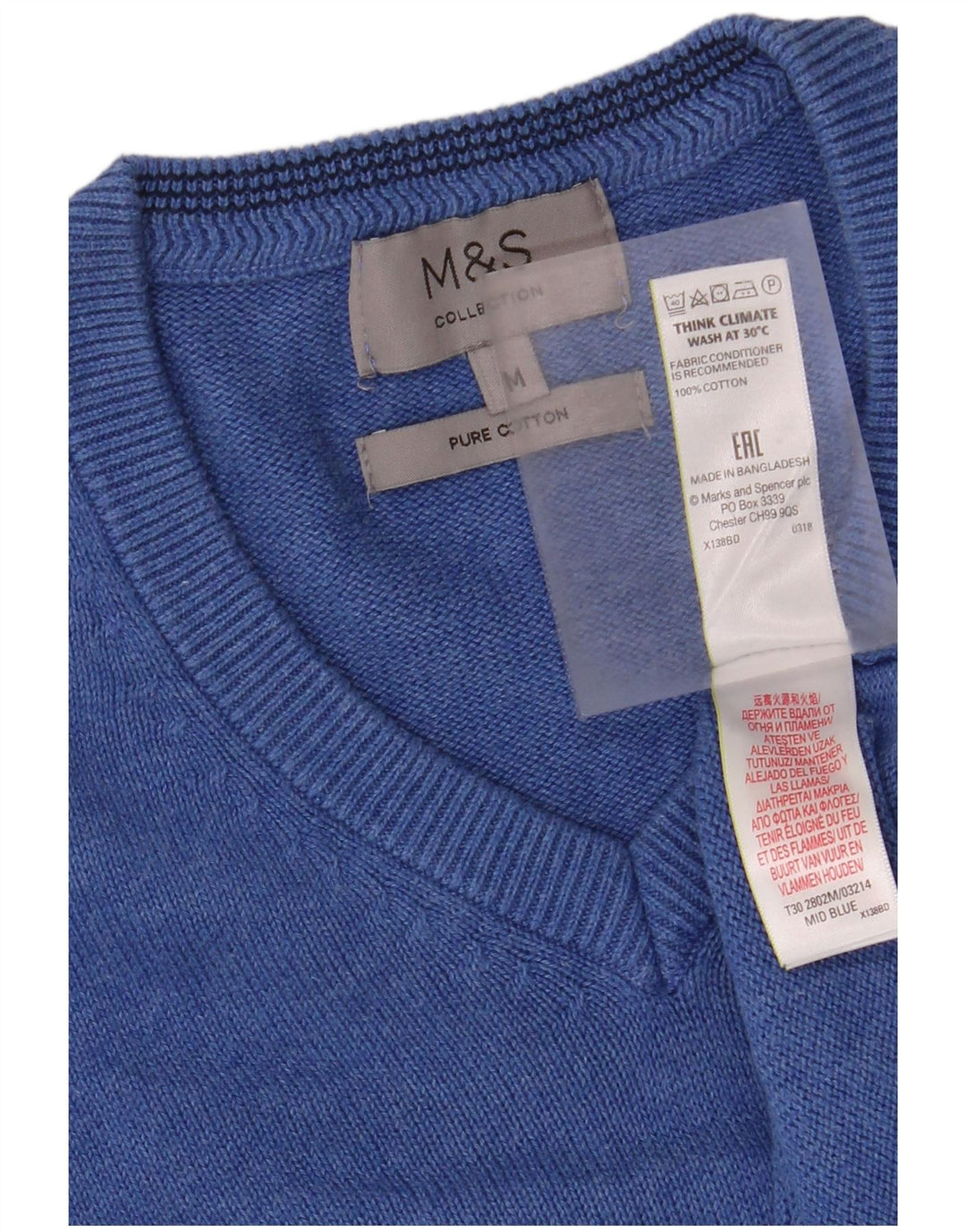 Мужской джемпер с v-образным вырезом MARKS & SPENCER, средний синий хлопковый свитер