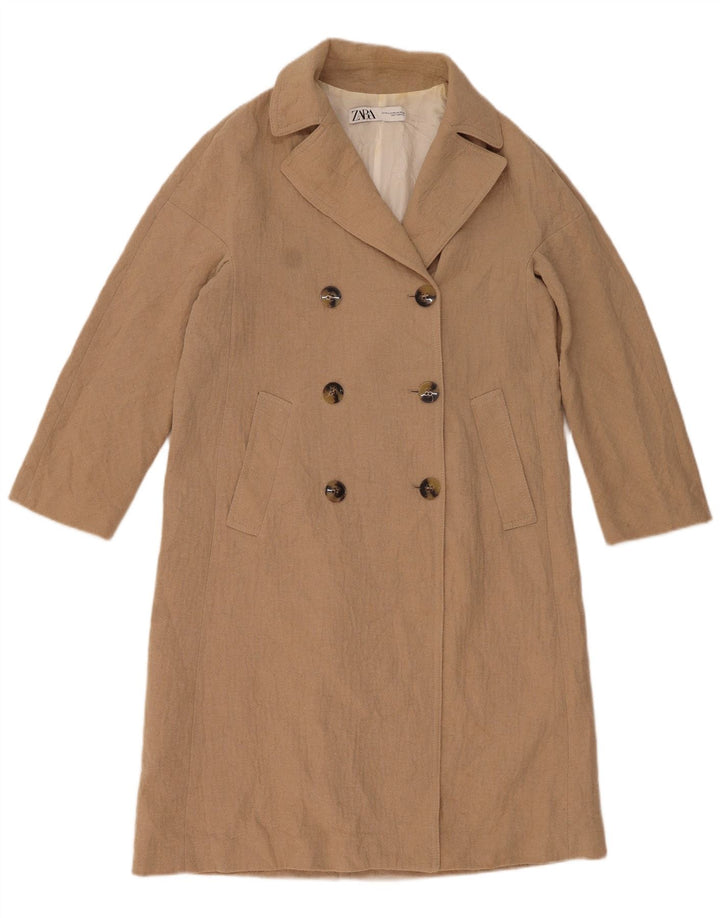 Женское двубортное пальто ZARA UK 14, средний цвет, бежевый хлопок