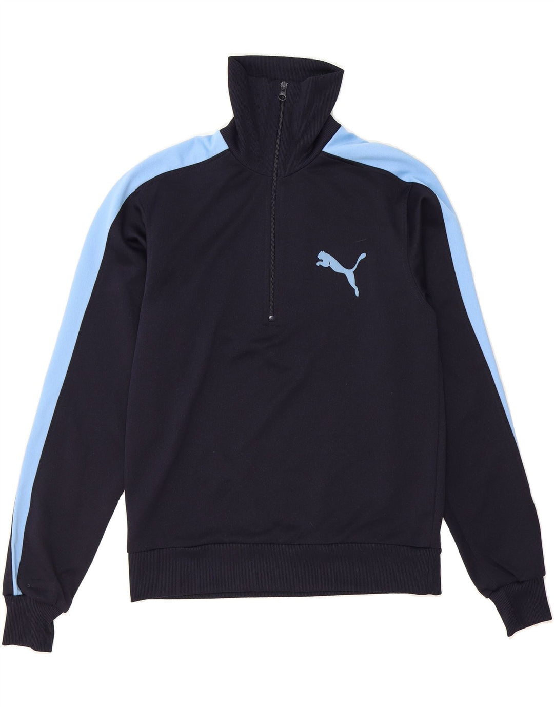 PUMA Mens Graphic Zip Neck Sweatshirt Jumper Medium Navy Blue Colourblock Vintage Puma and Second-Hand Puma from Messina Hembry 