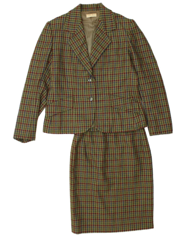 Винтажный женский комплект из 2 частей юбки с 2 пуговицами, Великобритания 12, средний W26, хаки в клетку