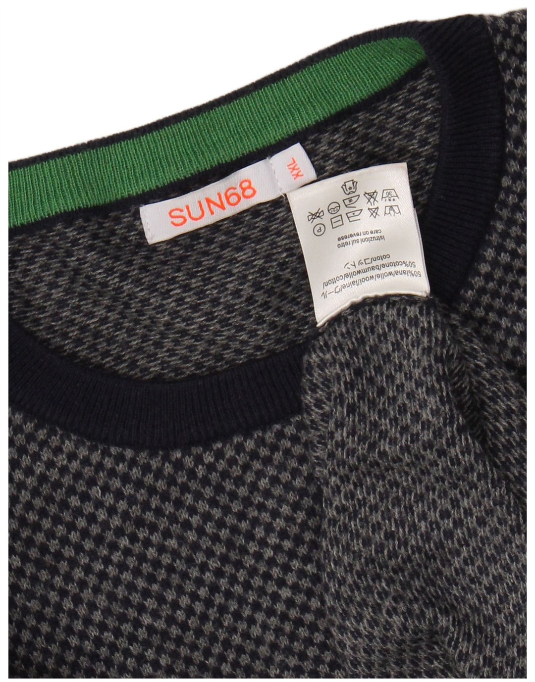 SUN68 Mens Crew Neck Jumper Sweater 2XL Navy Blue Check Wool