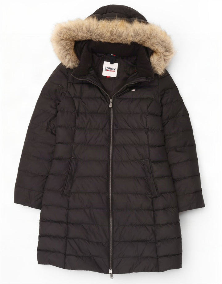 Tommy Hilfiger Женское стеганое пальто с капюшоном UK 14, большой черный полиэстер
