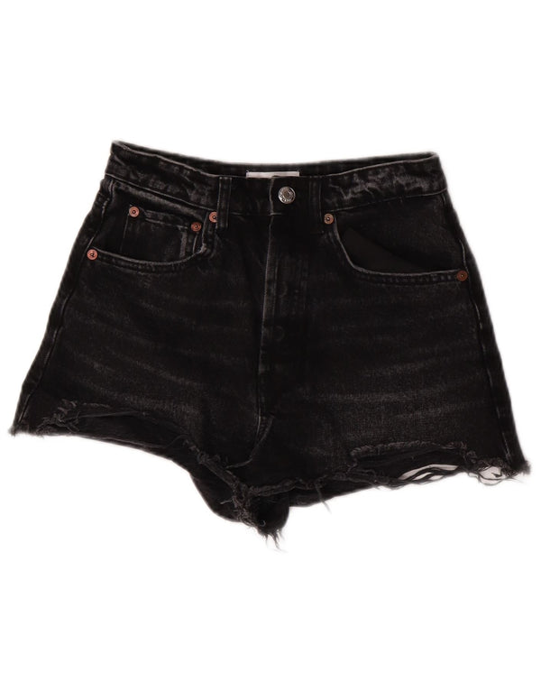 Zara Womens Wide Leg High Waist Denim Shorts EU 36 XS W26 Black Cotton