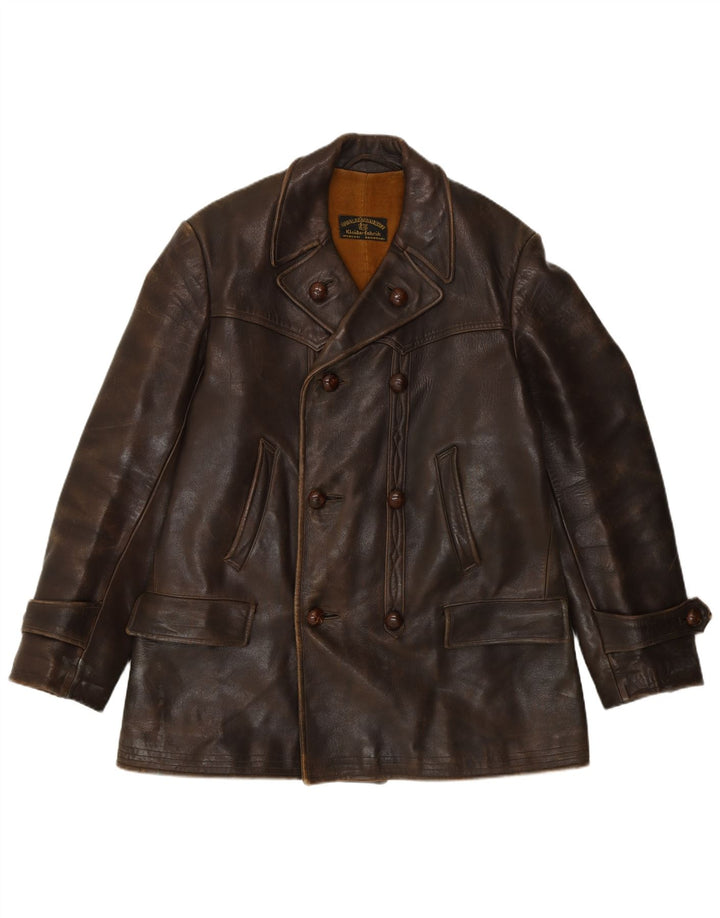 Винтажная мужская двубортная кожаная куртка UK 36, маленькая коричневая