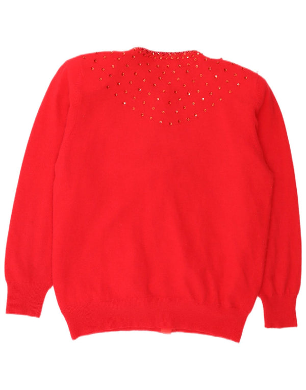 Винтажный женский кардиган-свитер UK 18 XL из овечьей шерсти красного цвета с цветочным принтом