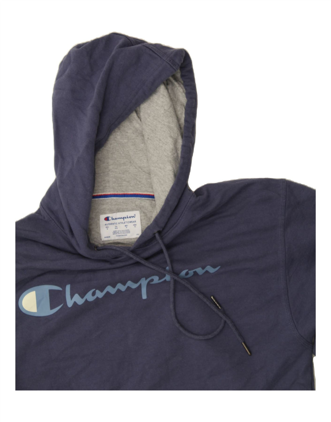 CHAMPION Mens Graphic Hoodie Jumper Medium Navy Blue Cotton Vintage Champion and Second-Hand Champion from Messina Hembry 