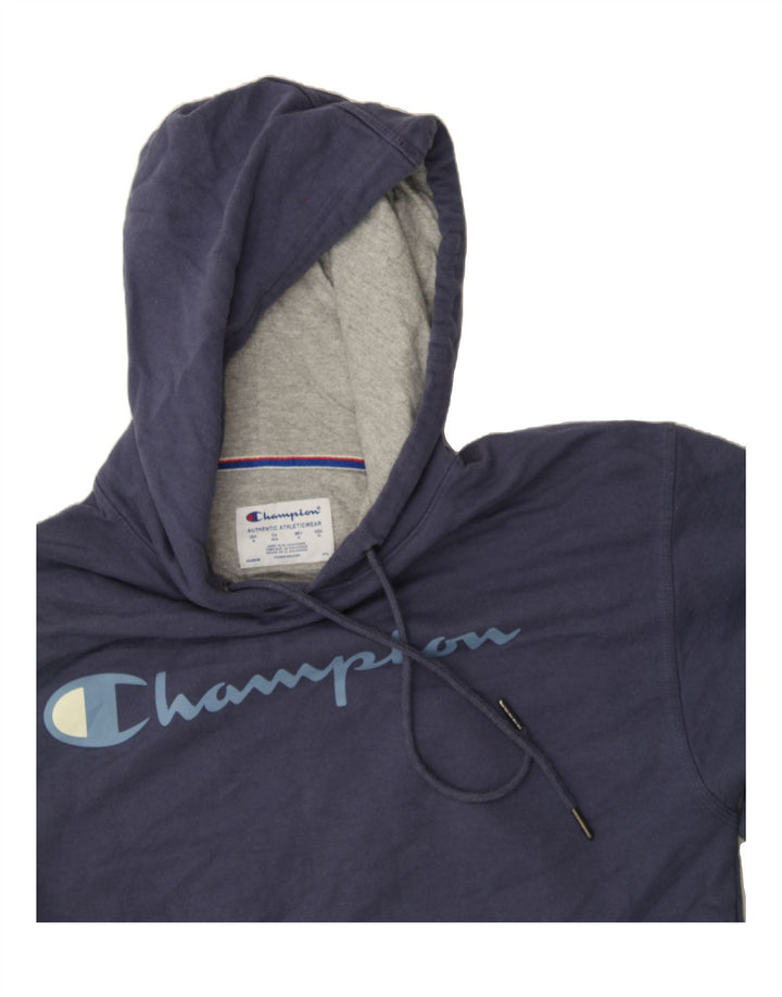 CHAMPION Mens Graphic Hoodie Jumper Medium Navy Blue Cotton Vintage Champion and Second-Hand Champion from Messina Hembry 