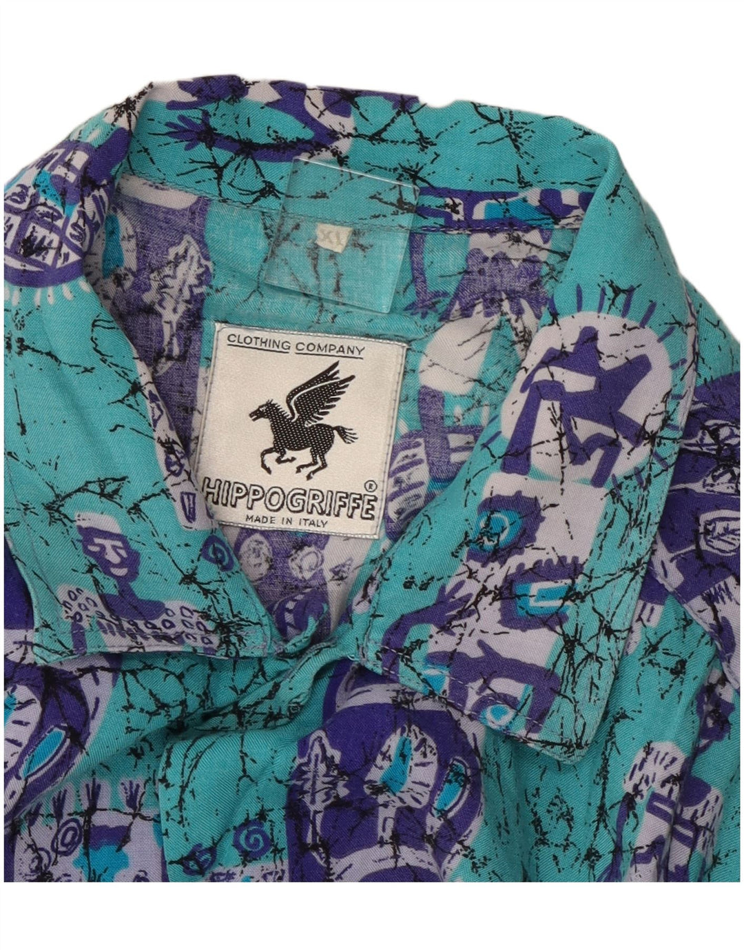 VINTAGE Мужская рубашка с коротким рукавом XL синяя в стиле пэчворк, хлопок