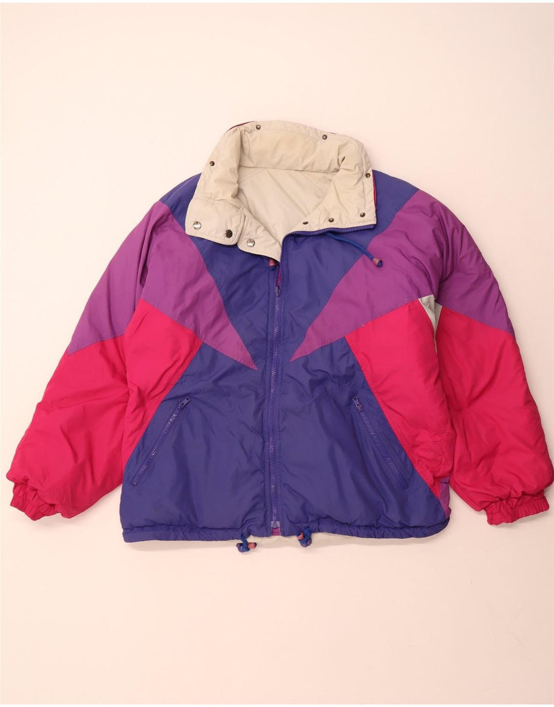 ВИНТАЖНАЯ женская двусторонняя куртка с капюшоном, большая бежевая, полиэстер с цветными блоками