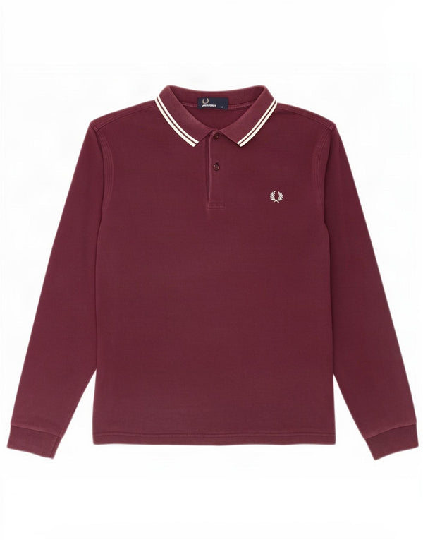 Fred Perry Mens Long Sleeve Polo Shirt Large Burgundy Striped Cotton