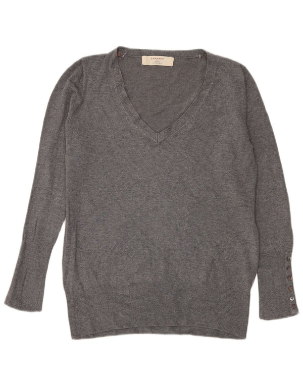 Zara Womens V-Neck Jumper Sweater UK 16 Large Grey Rayon