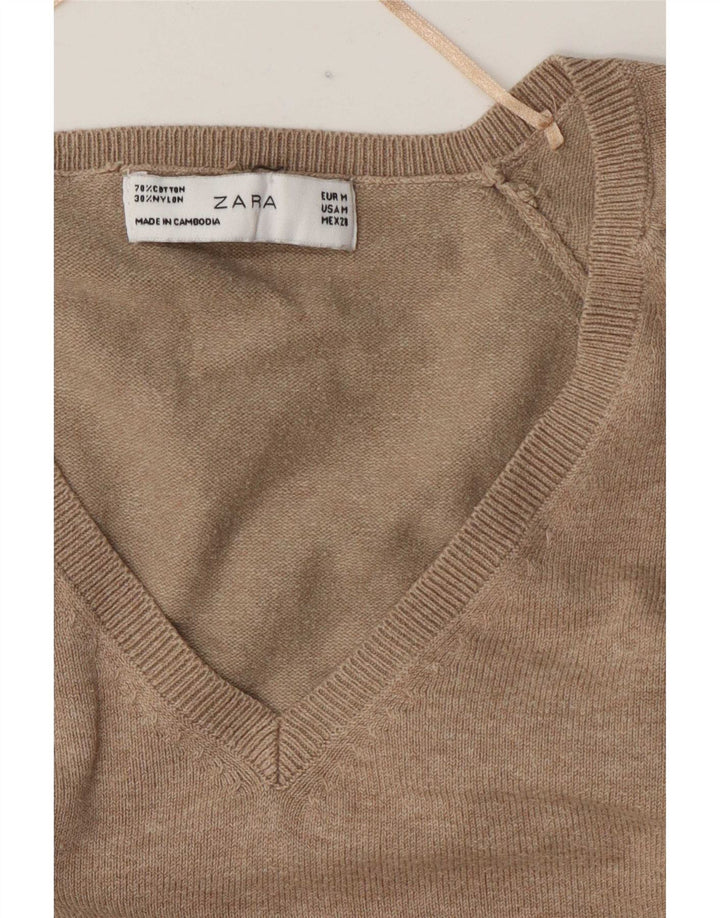 Женский джемпер с v-образным вырезом Zara UK 14, хлопковый средний коричневый цвет