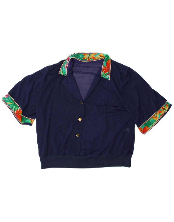 Женская укороченная блузка VINTAGE IT 48 XL Темно-синяя с цветочным принтом