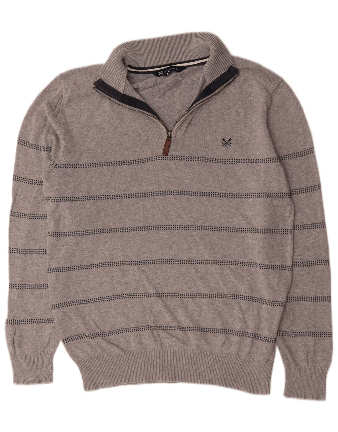 Crew Clothing Мужской джемпер с воротником на молнии, хлопковый свитер среднего серого цвета в полоску
