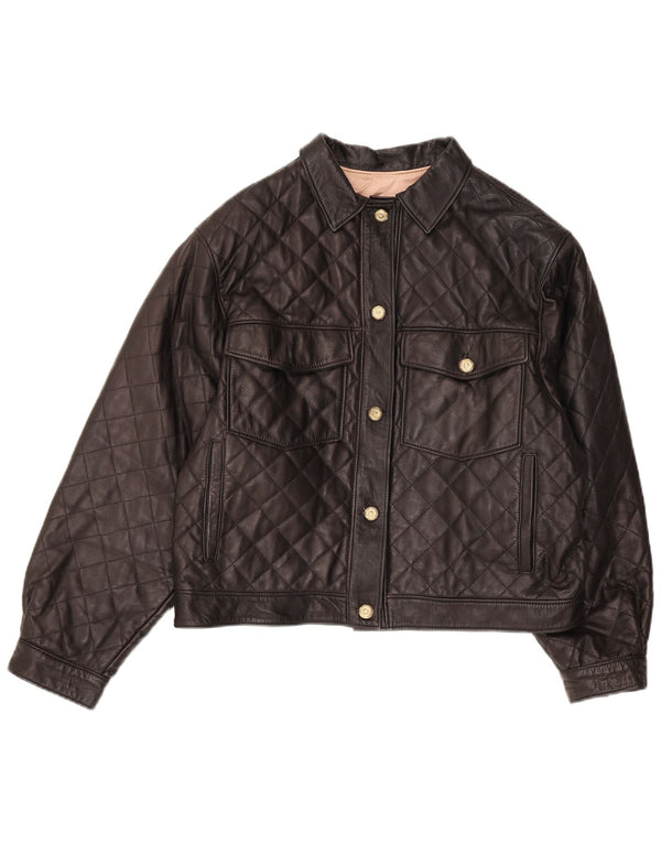 Винтажная женская кожаная куртка UK 14, черная кожа среднего размера