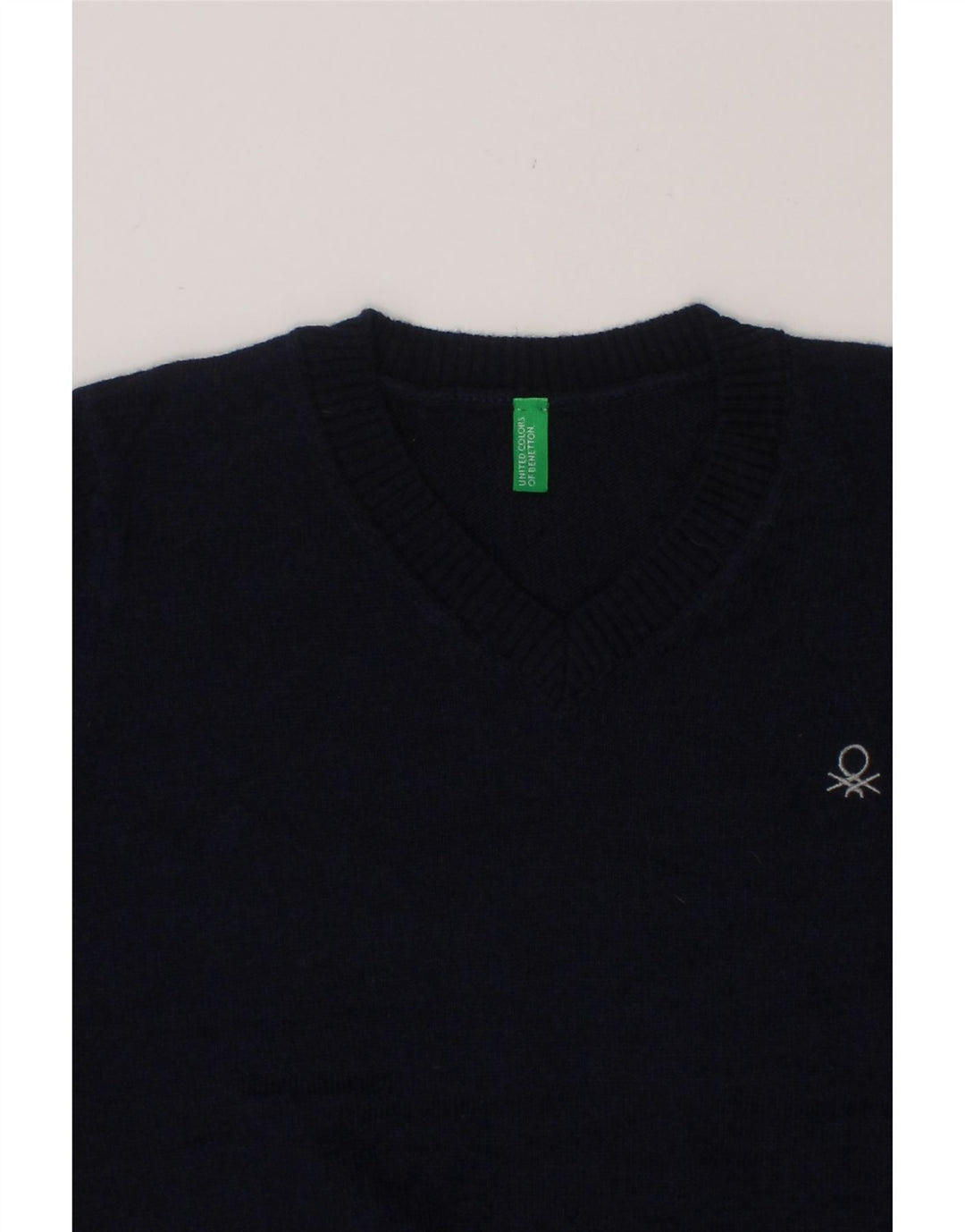 BENETTON Boys V-Neck Jumper Sweater 6-7 Years Small Navy Blue Wool Vintage Benetton and Second-Hand Benetton from Messina Hembry 
