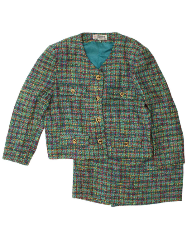 ВИНТАЖНЫЙ комплект женской юбки из 2 предметов на 4 пуговицах IT 48 XL W32, зеленая шерсть в клетку