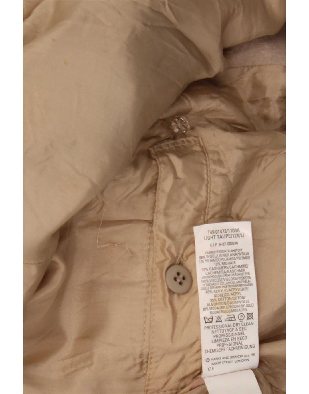 Женское двубортное пальто Marks & Spencer UK 12, средний, бежевый, шерстяной